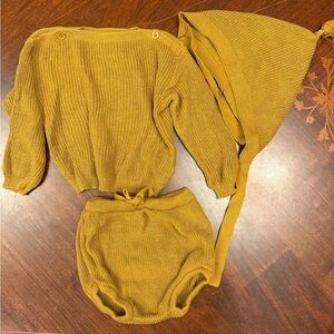 Cozy Knit Kids Matching Set in Mustard – Sweater, Bloomers & Bonnet
